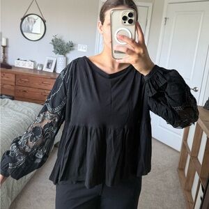Free People Black Blouse with Lace Sleeves